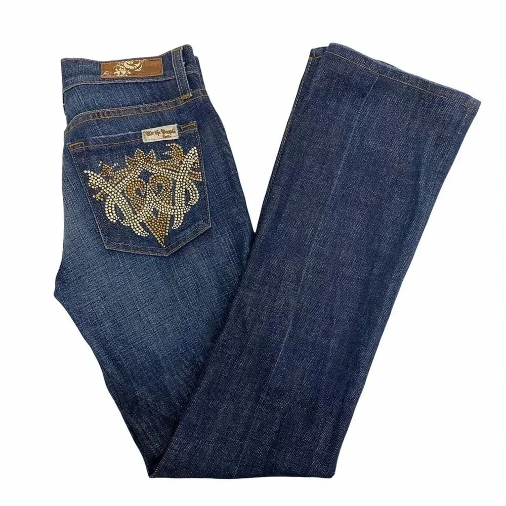 Free people We The People Straight Leg Jeans Dark wash Denim Embellished Size 25